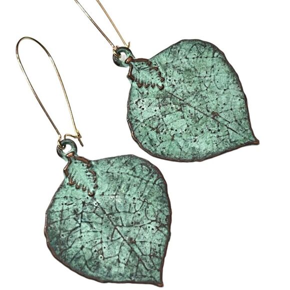 HANDCRAFTED Large Verdigris Metal Leaf Earrings - Picture 3 of 12